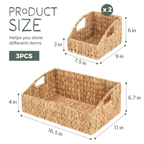 Set of 3 Handwoven Storage Baskets – Decorative Natural Wicker Organizer Bins with Built-in Handles for Bathroom, Kitchen, Pantry, Nursery, Closet, Laundry, Living Room, and Home Use - color: Light Brown