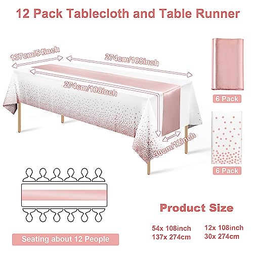 12 Pack Disposable Plastic Tablecloths and Satin Table Runner Set White and Rose Gold Dot Tablecloth Rose Gold Satin Table Runner for Wedding Birthday Baby Shower Anniversary Christmas New Year Party - color: White and Rose Gold, size: 12 Pack