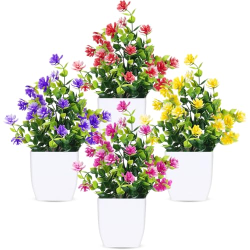 CEWOR Fake Flowers 4 Packs Artificial Plants Indoor Mini Eucalyptus Flowers Decorations for Spring Desk Wedding Bathroom Office Home Room Table Decor Indoor Outdoor - color: Mixed Camellia