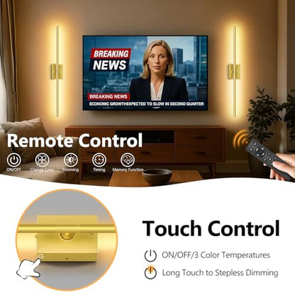 Eneru Battery Operated Wall Sconces Set of 2, Gold Wireless LED Wall Light - color: Gold, size: 2 Pack