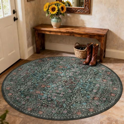 Entry Round Rug 3ft, Small Black Green Floral Round Bathroom Rug - color: Black / Multi, size: 3' (Round)