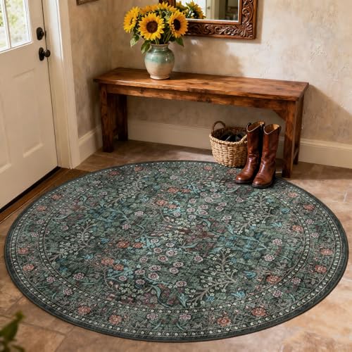 Entry Round Rug 3ft, Small Black Green Floral Round Bathroom Rug - color: Black / Multi, size: 3' (Round)