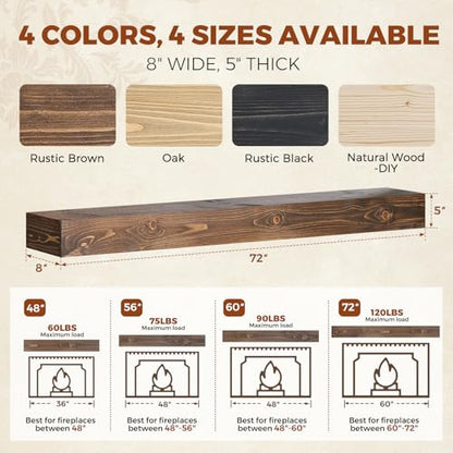 72x8x5in Pine Wood Fireplace Mantel Shelf, Weathered Brown - color: Weathered Brown, size: 72x5x8-hollow