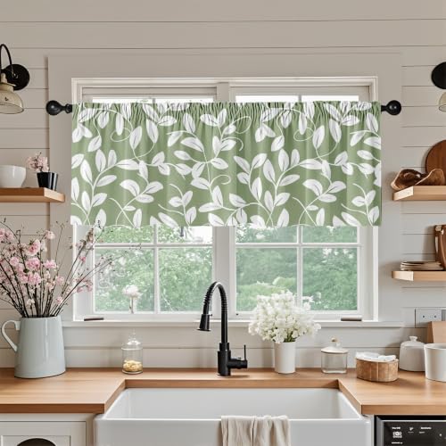 Sage Green Leaf Blackout Window Valance Curtain, Olive Green Floral - color: Flower 6, size: 52"W x 18"L (Pack of 1)