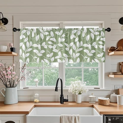 Sage Green Leaf Blackout Window Valance Curtain, Olive Green Floral - color: Flower 6, size: 52"W x 18"L (Pack of 1)