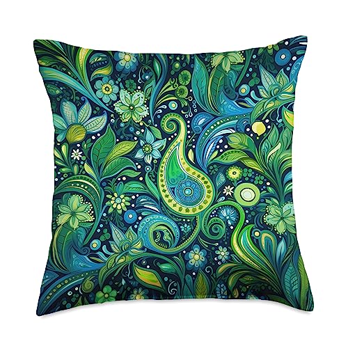 Green Blue Paisley Floral Leaf Pattern Throw Pillow - size: 18x18