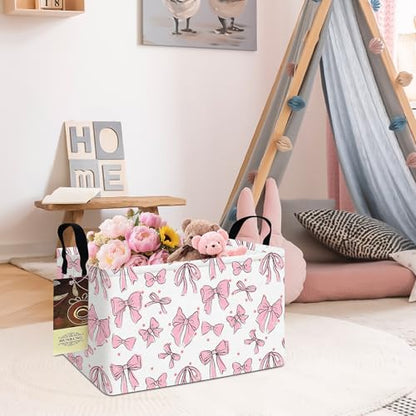 Rectangle Foldable Storage Basket Handles For Home, Pink Bow - color: REC-Pink Bow
