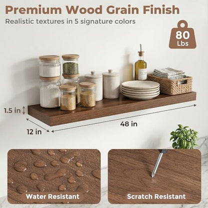 Venusmiles 12 inch Deep Floating Shelves for Wall, 48" Wide, Walnut, 2-Pack - color: Walnut Finish, size: 48"w x 12"d, 2p