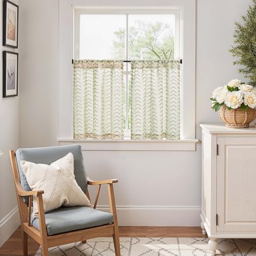 jinchan Green Boho Linen Kitchen Tier Curtains 24 Inch Rod Pocket 2 Panels - color: Arrow | Green on Linen, size: 26"W x 24"L (Pack of 2)
