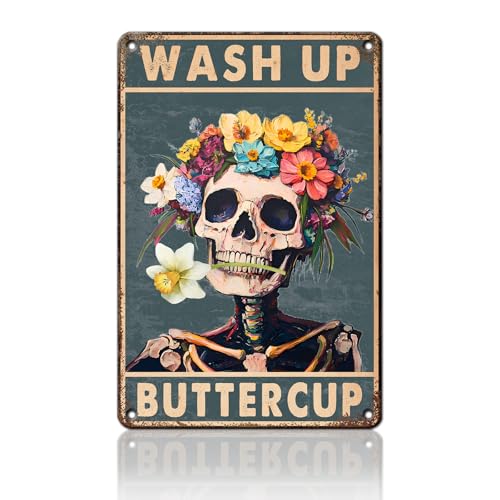 PEACHGARDEN Wash Up Buttercup Metal Sign, Funny Bathroom Decor, Skeleton Skull Bathroom Wall Art, Vintage Floral Aluminum Sign for Restroom Guest Bath Toilet, 8x12 Inch - color: Funny Skull, size: 20X30cm(12*8in)