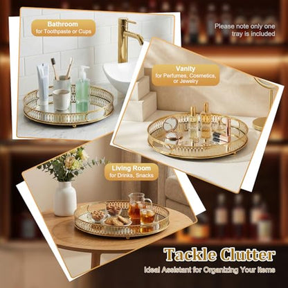 Serving Tray, Gold Perfume Tray 12.6"x1.6" Mirrored Vanity Tray Glass Metal Trinket Storage Tray Decorative Jewelry Tray for Dresser Bathroom Countertop (Round) - size: 12.6"