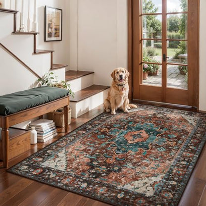 Ciicool Washable 3x5ft Area Rug,Boho Soft Non-Slip for Kitchen Entryway - color: Brick Red/Dull Teal, size: 3' x 5' (Rectangular)