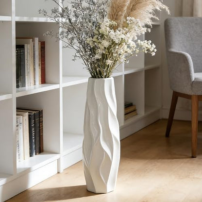 White Tall Ceramic Floor Vase, 17.7 Inch, Pleated Wave Design - color: Shape 1, size: 17.7 Inch