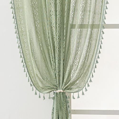 WAZZIO Boho Lace Curtains 84 inch Curtains 2 Panel,Rod Pocket Vintage Bohemian Farmhouse Crochet Cotton Geometry Privacy Sheer Curtain Drapes Farmhouse for Living Room Bedroom,Sage Green - color: Sage Green, size: 59"W x 84"L (Pack of 2)