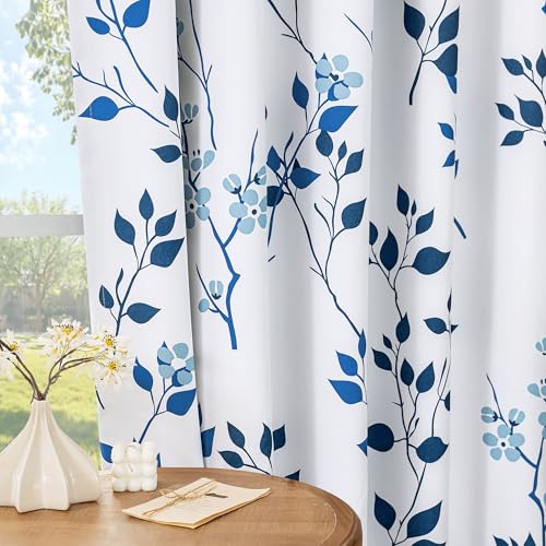 Beauoop Floral 100% Blackout Curtains for Bedroom Navy Blue 52X84 2 Panels