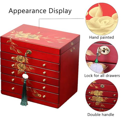 Hand Painted Rose Wood Jewelry Box 6-Layer Lockable Organizer Red