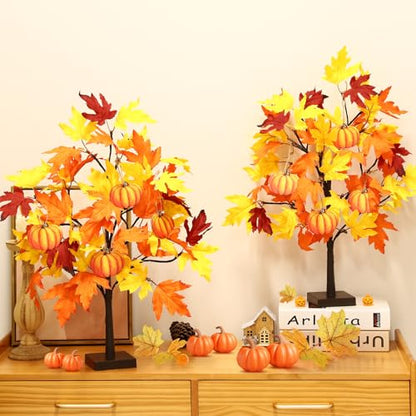 Fall Décor 2 Pack 24 Inch Fall Maple Tree with 48 LEDs Battery Operated Fall Lights with 8 PCS Pumpkin Wooden Hanging Ornaments Artificial Tree for Fall Thanksgiving Home Table Decorations