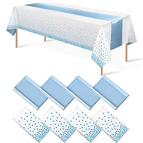 8Pack Disposable Plastic Tablecloths and Satin Table Runner Set White and Light Blue Dot Tablecloth Light Blue Satin Table Runner for Wedding Birthday Baby Shower Engagement Christmas Party Supplies - color: White and Light Blue, size: 8 Pack