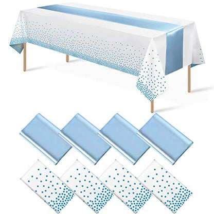 8Pack Disposable Plastic Tablecloths and Satin Table Runner Set White and Light Blue Dot Tablecloth Light Blue Satin Table Runner for Wedding Birthday Baby Shower Engagement Christmas Party Supplies - color: White and Light Blue, size: 8 Pack