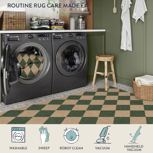 Lahome Checkered Easy Jute Kitchen Runner Rug, 2x8 Outdoor Rugs Washable - color: Deep Green/Nature-2, size: 2'6" x 8' (Runner)