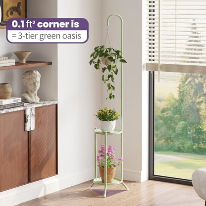 2-Tier Metal Plant Stand with Hanging Hook,Green - color: Green