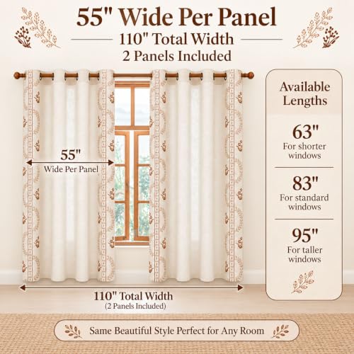 Beige linen blend brown embroidery FloralGrommet Curtains, 55“X95",2 Panels - color: Brown, size: 55"W x 95"L (Pack of 2)