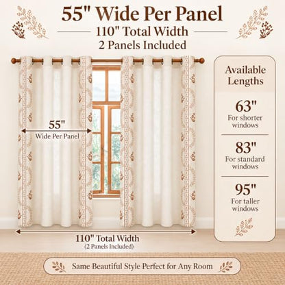Beige linen blend brown embroidery FloralGrommet Curtains, 55“X95",2 Panels - color: Brown, size: 55"W x 95"L (Pack of 2)