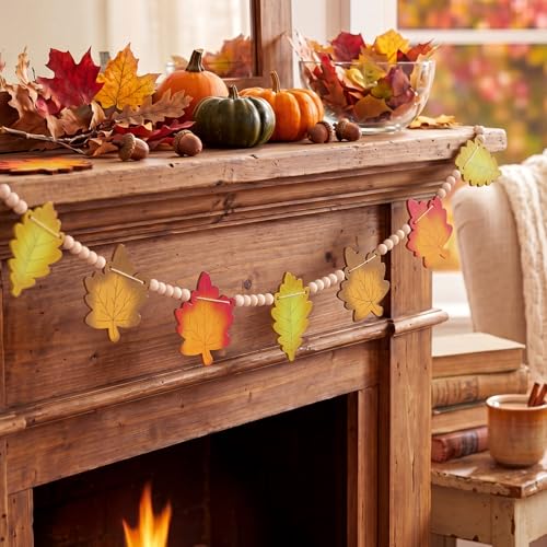 Qunclay 5.1ft Fall Wooden Leaves Garland with Bead Maple Leaves Banner