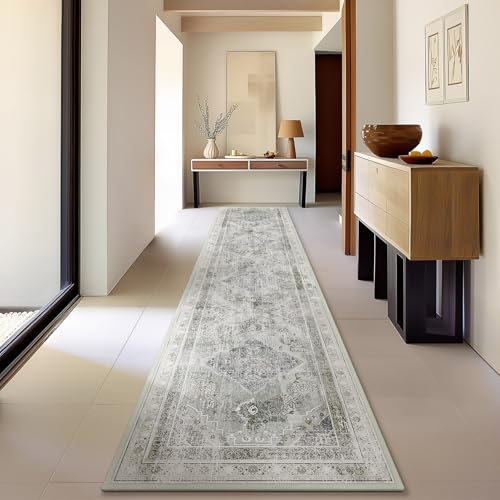 Phantoscope Washable Runner Rug 2'x10' Non-Slip, Vintage Neutral Hallway Rugs for Entryway, Stair, Bedroom, Distressed Boho Medallion Pattern, Low-Pile Foldable Floor Carpet, Silver Grey/Taupe - color: Silver Grey/Taupe, size: 2' x 10' (Runner)
