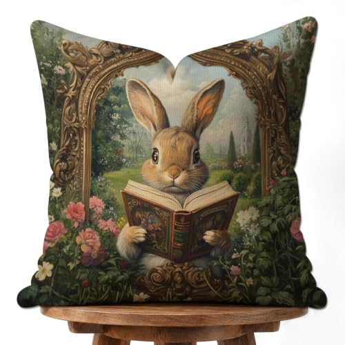 Vintage Rabbit Reading Whimsical Throw Pillow Cover,Decorative Pillowcase - color: Brown-rabbit02