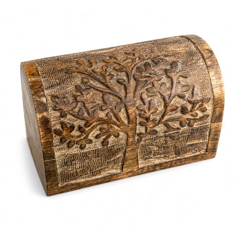 Premium Handmade Wooden Treasure Chest Decorative Trunk for Keepsakes Semicircular Curved Floral Jewellery Box Trinket Box Ladies Jewellery Storage Case Handcrafted Home Decor (Plain Tree)