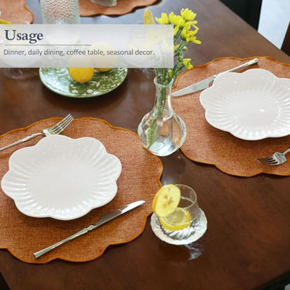AHHFSMEI Round Scalloped Placemats Set of 6 15 Inch Faux Linen - color: Burnt Orange