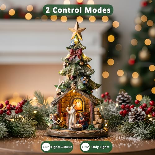 Qualdout Christmas Tree Nativity Scene with Figurines LED Light, Christmas Holy Family Nativity Scene for Xmas Decor Gift, Tabletop Decorative Christmas Ornaments