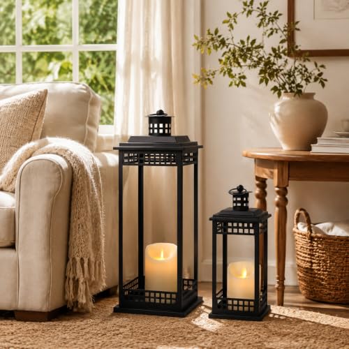 2 Pcs Decorative Lanterns Indoor, Black Lanterns with Candle for Home Decor - size: 17in and 11in