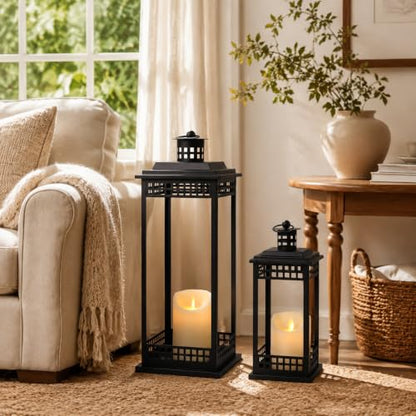 2 Pcs Decorative Lanterns Indoor, Black Lanterns with Candle for Home Decor - size: 17in and 11in