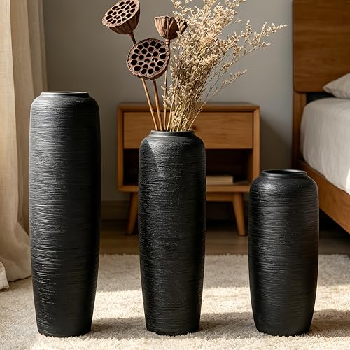 Black Rustic Ceramic Floor Vase, 19.7 Inch, Ribbed Texture - size: 19.7 Inch