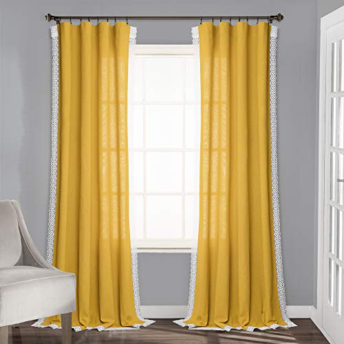 Lush Decor Rosalie Light Filtering Window Curtain Panel Set- Pair- Vintage Farmhouse & French Country Style Curtains - Timeless Dreamy Drape - Romantic Lace Trim - 54" W x 84" L, Yellow - color: Yellow, size: 54"W x 84"L (Pack of 2), style: Window Panel