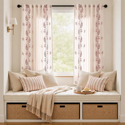 jinchan Linen Curtains 63 Inch Terracotta Floral Drapes Back Tab 2 Panels - color: Terracotta on Beige, size: 50"W x 63"L (Pack of 2)