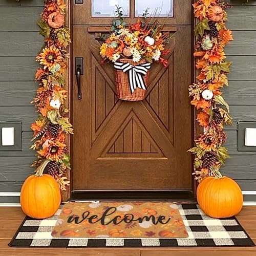 IZUS Fall Hello-Pumpkin Welcome-Doormats Outdoor-Entrance Autumn Harvest-Festival Non-Slip Frontdoor Mat 17x29inch - color: Harvest Pumpkin