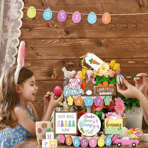 Marsui Easter Tiered Tray Decor Happy Easter Tiered Tray Ornament Rustic Farmhouse Spring Sign Bunny Truck Gnome Egg Wooden Sign for Home Table Decor(Chic Style) - style: Chic Style
