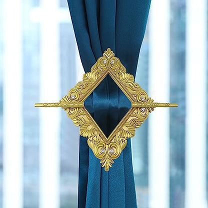 2 Pack Gold Rhombus Curtain Tiebacks, Square Drapery Holdbacks - style: 8 Crystals Gold