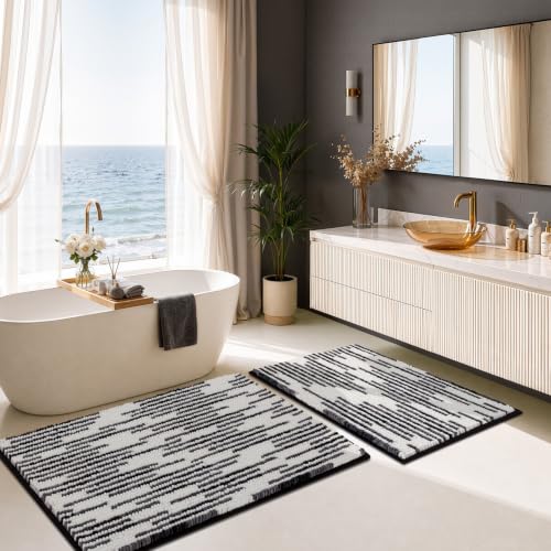 BSICPRO Bathroom Rugs Sets 2 Piece, Modern Bath Mat 20"x32"+16"x24", Black - color: Black and White, size: 20" x 32" Plus 16" x 24"