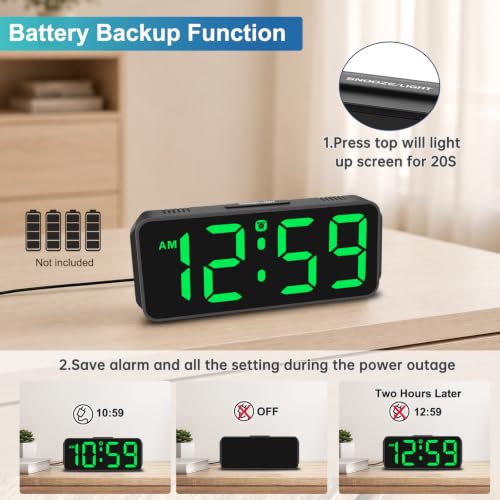 Peakeep Small Digital Alarm Clock for Bedroom, Large Number, Battery Backup - color: Green Digits (Plug-in, Ultra-compact)
