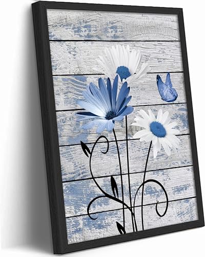 Black Framed Daisy Floral Wall Art - color: blue, size: 10"L x 8"W