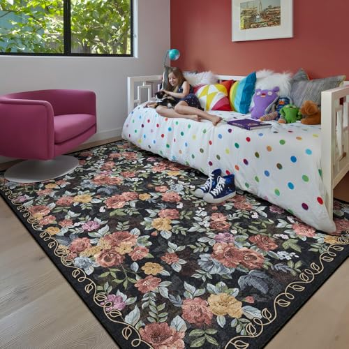 Washable 5x7 Area Rug, Navy Boho Floral Non-Slip for Living Room, Bedroom - color: Dark Navy, Dusty Rose, Mustard and Blue Grey, size: 5' x 7' (Rectangular)