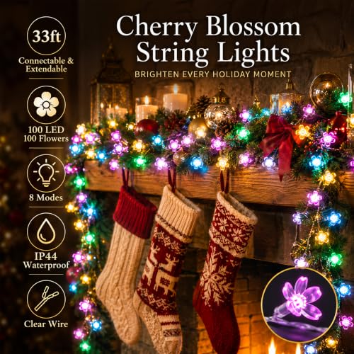 JACUXLSS Flower Fairy String Lights, 33ft 100 LED Cherry Blossom Plug in Easter Christmas Tree Hanging Décor Lamp, Garden Bedroom Indoor Decorations for Fence, Wedding Birthday Party (Multicolor) - color: Multi-colored Flower Lights