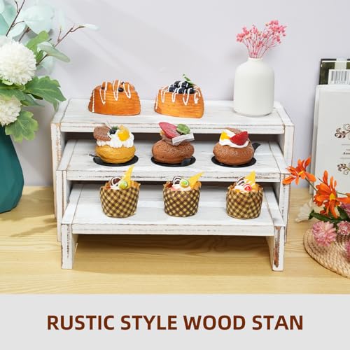 3-Tier Wooden Cupcake Stand & Display Risers, Multi-Tier Display Stand for Food, Desserts, & Collections - color: White