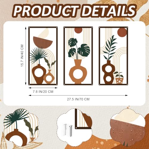 3 Pcs Boho Metal Wall Art, Mid Century Abstract Plant Vase Wall Decor - color: Earthy Tone