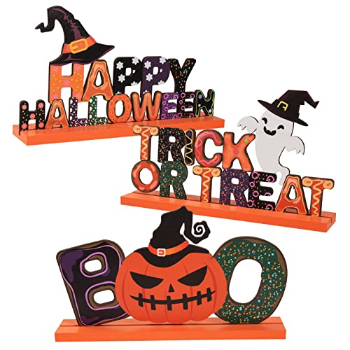 3Pcs Wooden Vintage Halloween Table Centerpiece, Desk Decorations Indoor - color: Multicolor