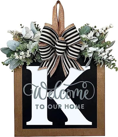 Last Name All Year Round Front Door Wreath with 26 Initial Letter Welcome Sign All Seasons Eucalyptus Garland and Bow ，Farmhouse, Porch, for Spring Summer Fall All Seasons Holiday Halloween Christmas.（K） - color: K